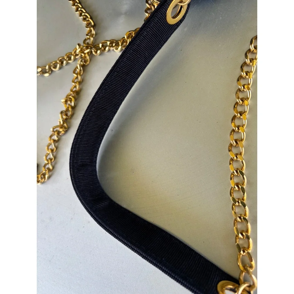 Inge Christopher Navy Blue Woven Ribbon Shoulder Bag Gold Chain Strap